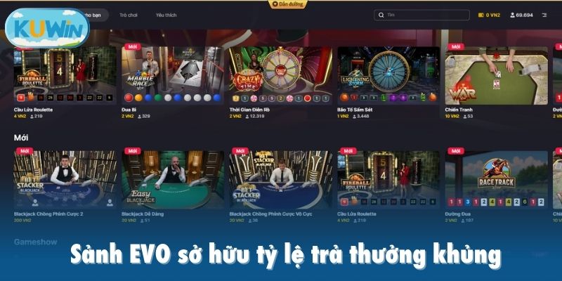 Sảnh EVO sở hữu tỷ lệ trả thưởng khủng